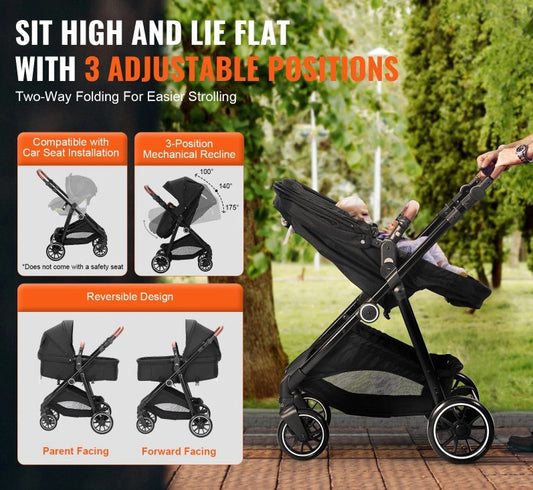 Standard Baby Stroller, Infant Toddler Stroller With Bassinet, 3rd-Gear Adjustable Backrest & Foldable & Reversible Seat, Carbon Steel Newborn Stroller With Leg Cover And Mesh Net, Black
